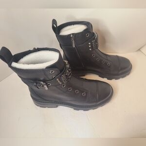 Karl Lagerfeld Maeva Leather Black Rhinestone Embellished Combat Boots 6.5